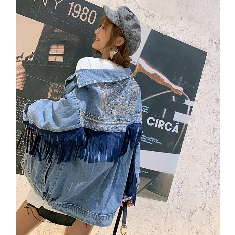 2021 Сезон весна осень Женская обувь с кисточками джинсовая ткань жакеты вышитые