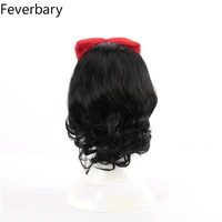 feverbary halloween women kids snow white princess cosplay wig stage role play black wavy hair with red bowknot hairband