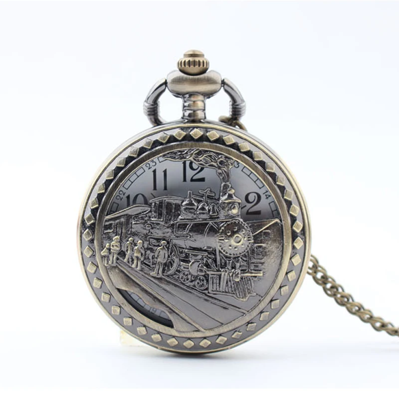 (10pcs in) Vintage heavy metal Train with worker design Quartz flip pocket watch necklace party promotion unique gift - купить по