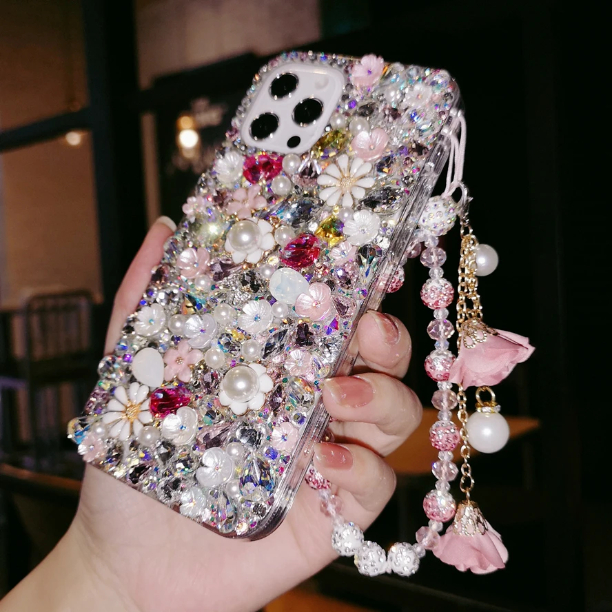 

Popular flower pearls Handmade Case 3D Phone Cover for iPhone 7 8 11 12 13 x xs max pro plus Bing Crystal Diamond Gift Bracelet