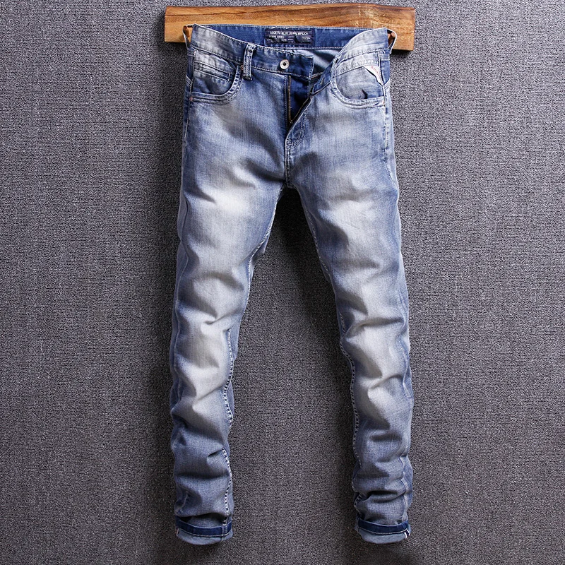 

Джинсы мужские в итальянском стиле, модные повседневные хлопковые брюки Slim Fit в стиле ретро, винтажные дизайнерские классические синие