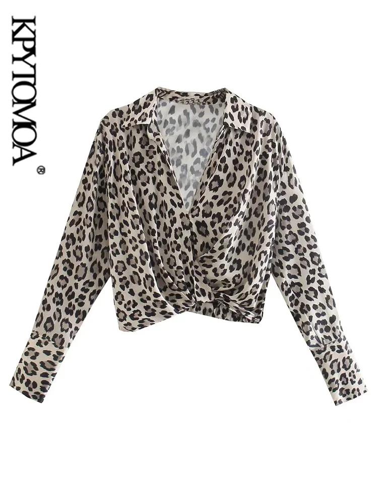 

KPYTOMOA Women Fashion With Knotted Animal Print Crop Blouses Vintage Long Sleeve Elastic Hem Female Shirts Blusas Chic Tops