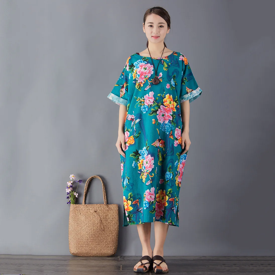 

01628 Qianshan 2020 summer new butterfly cotton hemp loose dress Robe