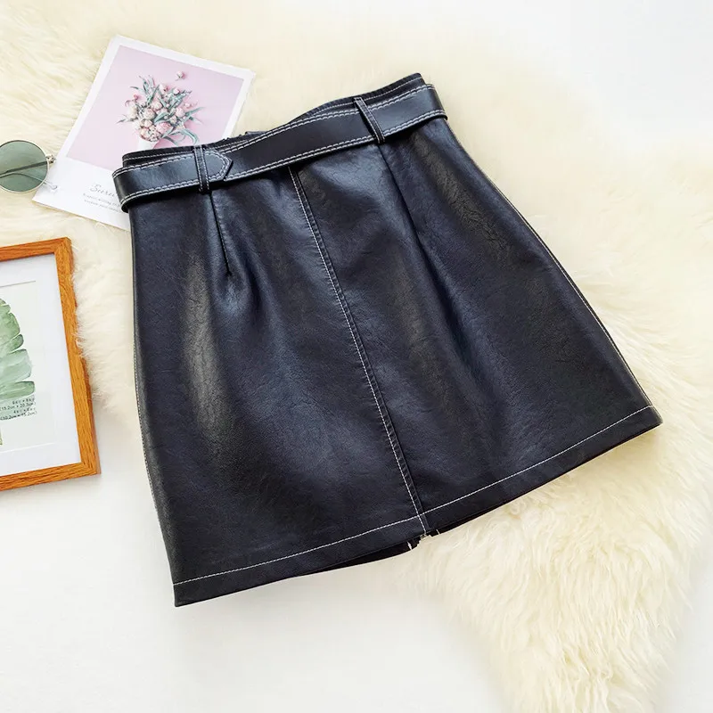 Юбка-мини женская из экокожи на молнии с высокой талией и поясом | Женская одежда