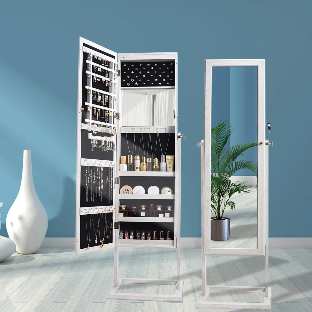 

US Warehous PVC Wood Grain Coating Upright Square Jewelry Storage Dressing Mirror Full Body Jewelry Cabinet with LED Light White
