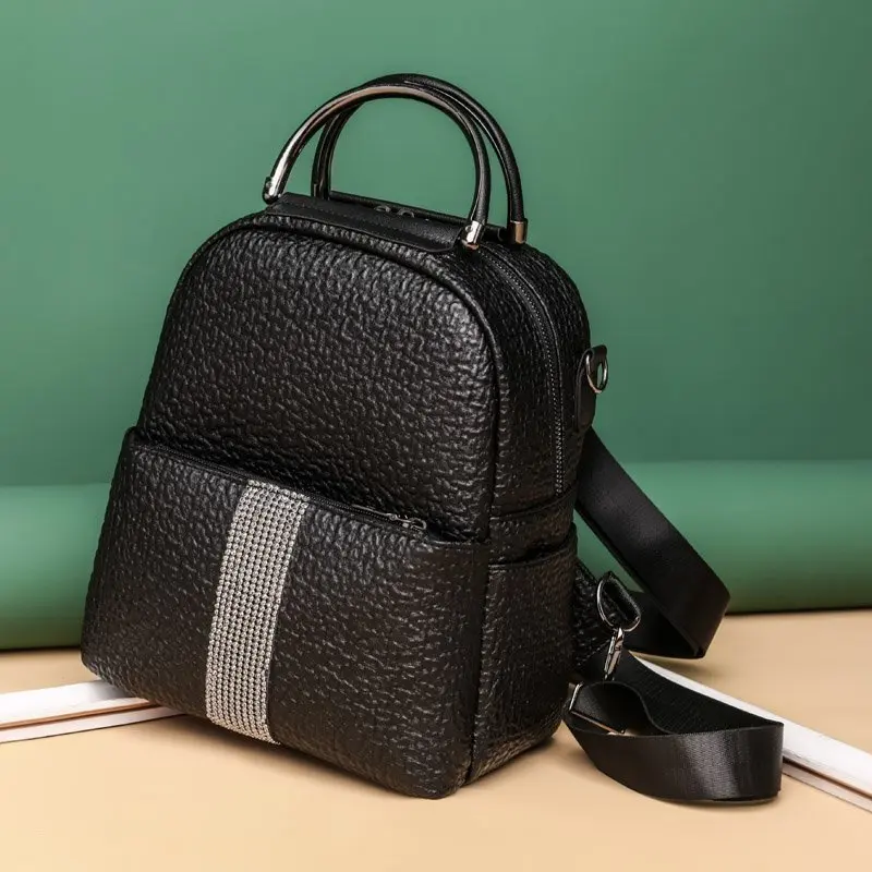 

Fashion women's leather backpack, multi-function diamond-studded hard handle, women's shoulder bag, travel backpack, schoolbag