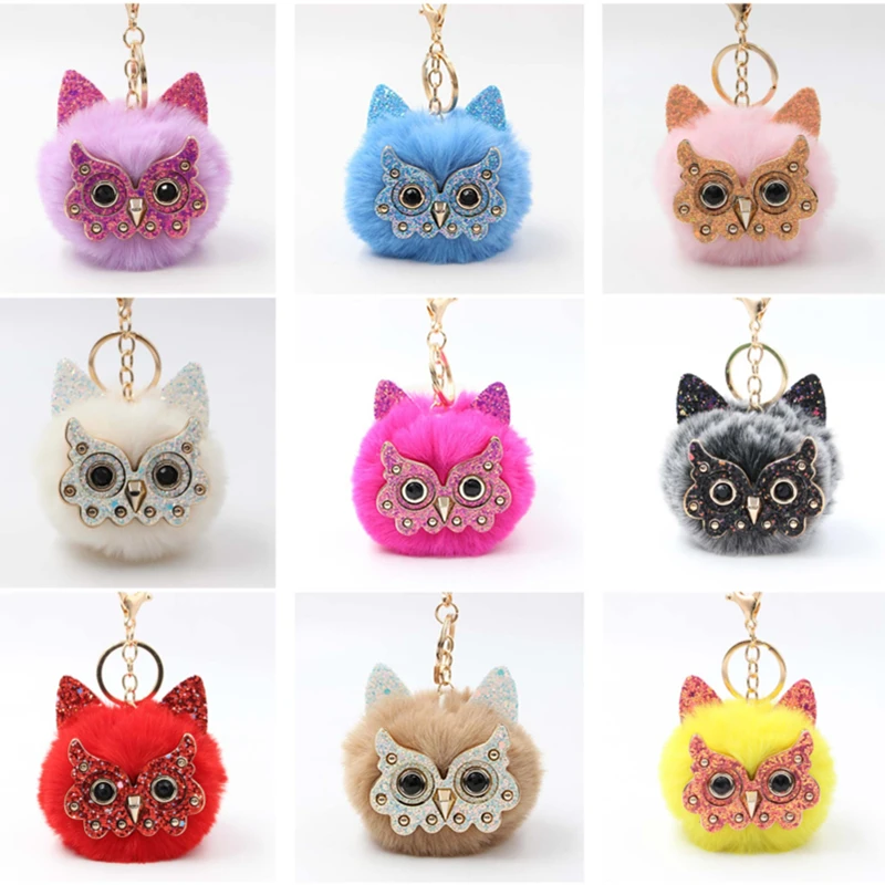 

8pcs/Lot Cute Rhinestone Owl Keychain Fashion Lovely Fur Pompom Animal Owl Key Chain Women Bag Charm Pendant Car Key Rings