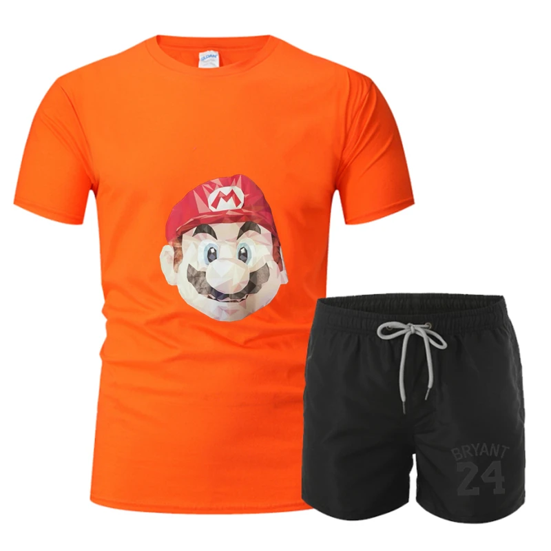 

2021 summer new fashion trend cartoon print men's suit 100% pure cotton sports short-sleeved T-shirt + shorts quick-drying beach