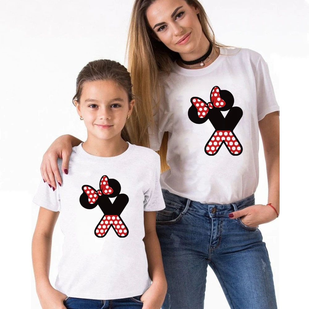 Matching Family T Shirts Summer Short Sleeve ABC Minnie Mouse Printed Cute Kawaii Tshirts Kids Boys Girls Tee Tops | Мать и ребенок