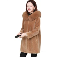 new women long sherpa shearling coat autumn winter thicken warm faux fur lamb plush jacket womens casual hooded parka overcoat
