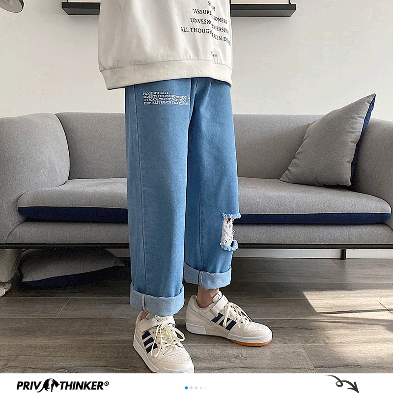 Privathinker High Street Ripped Hip Hop Mens Jeans 2020 Summer Wide Leg Man Loose Fashion Vintage Male Denim Pants Clothes | Мужская