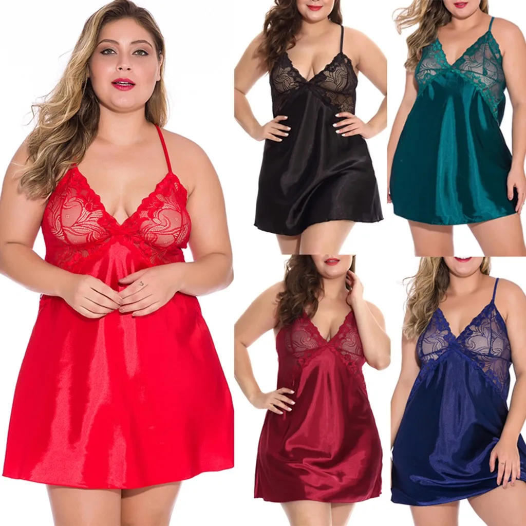

Lace Nightgown Famale Open Back V-neck Nightwear Sleepwear Plus Size Women Sleepshirts Sexy Lingerie Lace Satin Nightdress #W