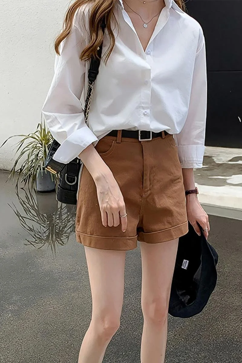 

Houthion Women's Blouses Chiffon Shirt Solid Long Sleeve Top Retro Blouse Breasted Tops Summer Fashion Casual New Korean