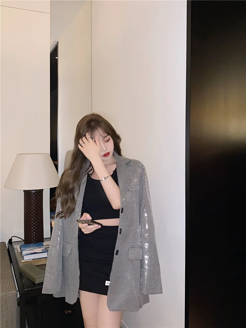 

Single Breasted Blazer Sequins Club Blazer Long Sleeve Suit Coat Jacket Fashion Chic Women BlingBling Blazers Outwear With Belt