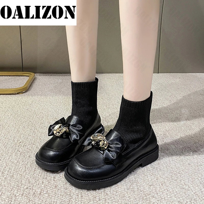 

2021 Winter Sock Boots Round Toe Casual Women Flats Bow Knitting Ankle Botas Designer Platform Snow Gladiator Lolita Boots Mujer