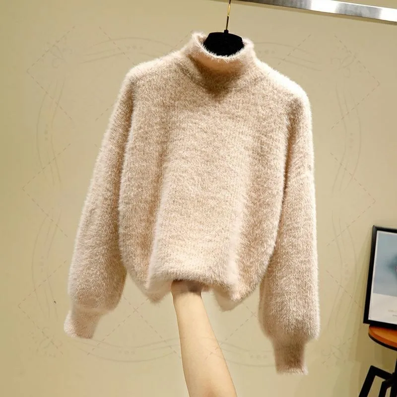 OMCHION Pull Femme 2021 Winter Turtleneck Faux Mink Cashmere Women Sweaters And Pullovers Korean Thick Knit Short Sweater LMY154 | Женская