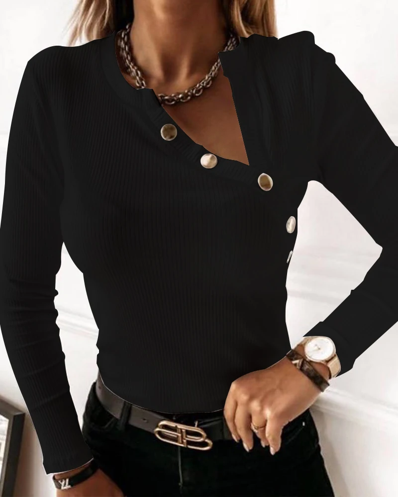 

Autumn Women Plain Button Deco Top 2021 Femme Casual Inclined Neck Long Sleeve Skinny Blouse Office Lady Outfits Tunics