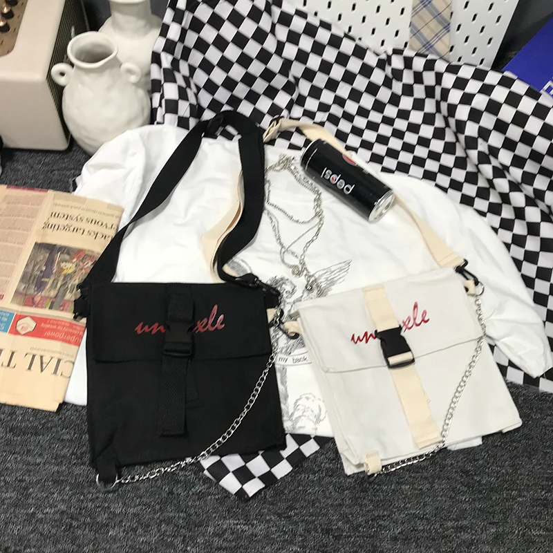 Летняя новинка, ulzzang, Harajuku, уличная, хип-хоп, на цепочке, Холщовая Сумка, женская, модная, простая, на молнии, повседневная, женская сумка-мессенджер