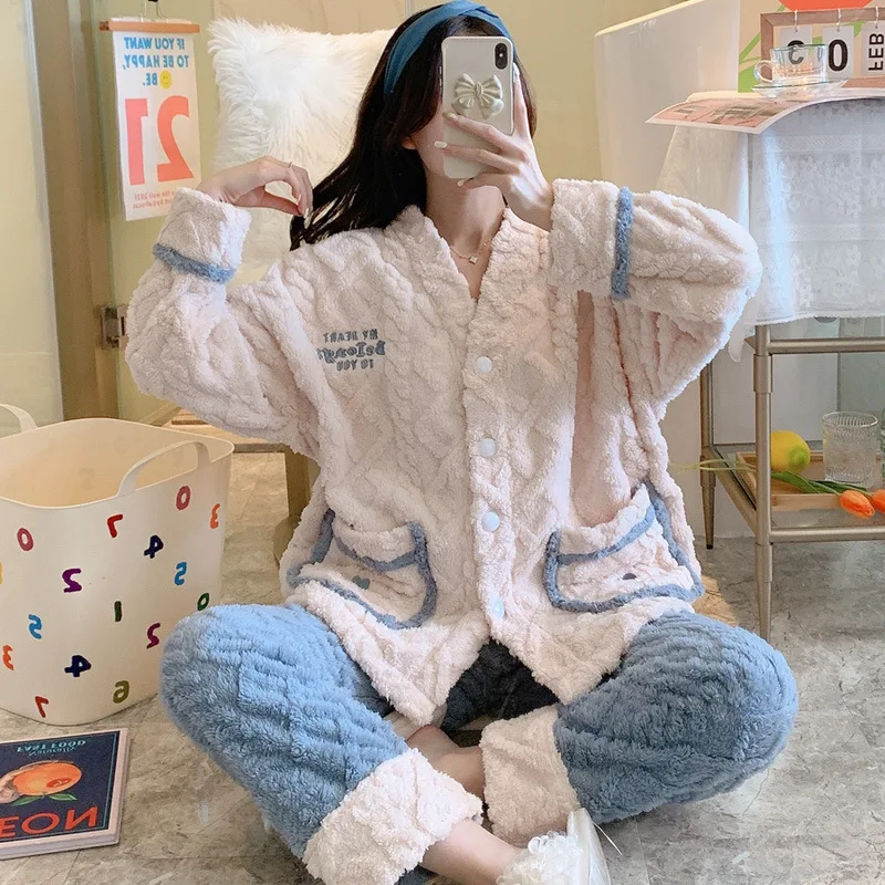 

Пижамный комплект Женский фланелевый с карманами, комплект из 2 предметов, ночная рубашка и брюки, домашняя одежда синего цвета, теплая ночн...