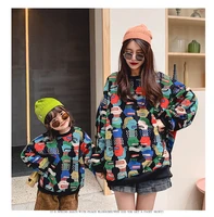 2020 new fried street parent child wear mother womens and womens sweater coat autumn and winter wear printing plus velvet thic