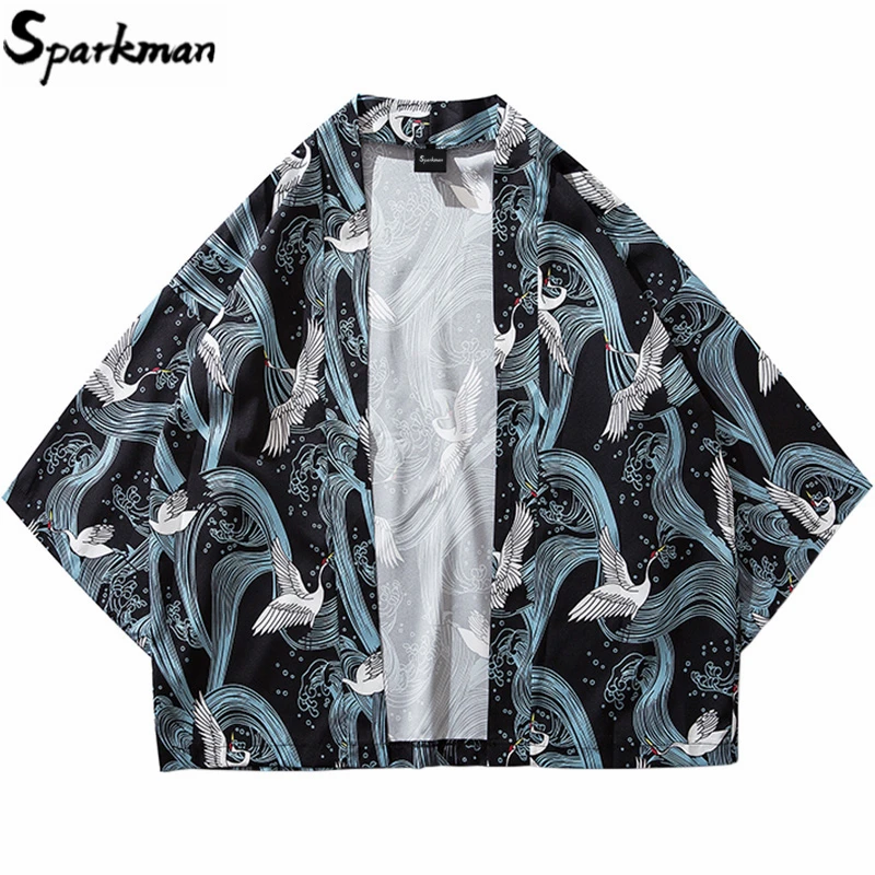 Мужское кимоно с принтом журавль тонкая Повседневная Уличная куртка в японском