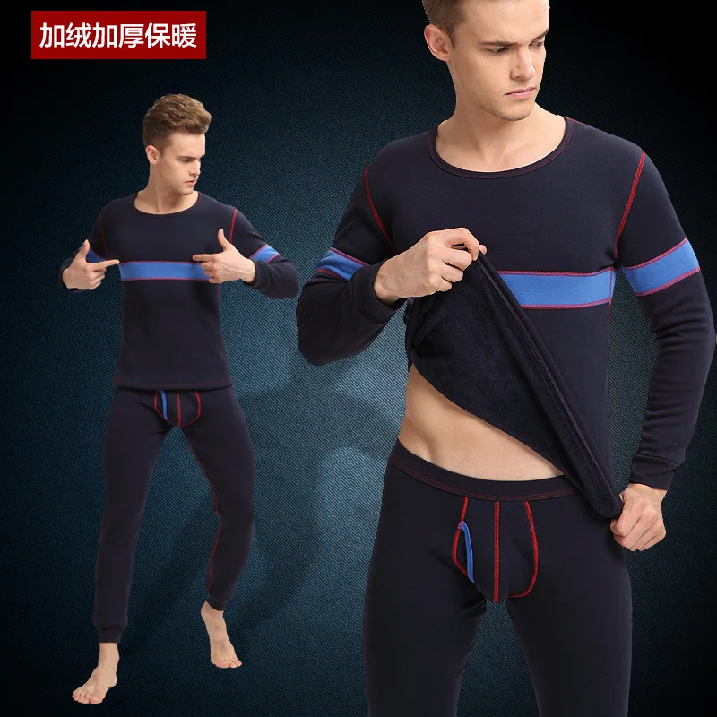 

2016 men's autumn and winter thermal underwear sets plus thick velvet cotton round neck comfortable breathable underwear set