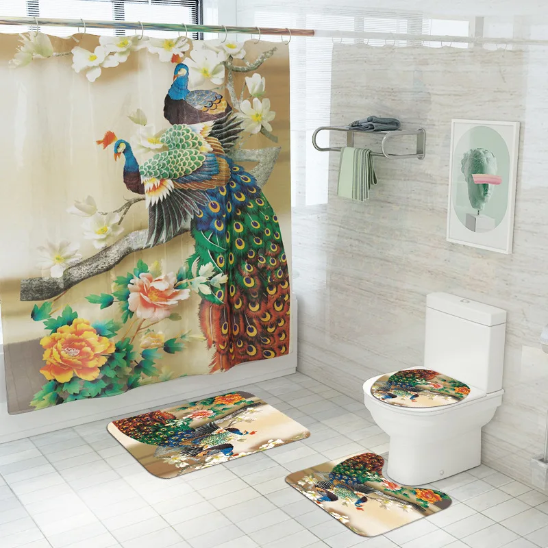 

Traditional Scenic Printed Bath Mat Anti Slip Absorbent Rug Washroom Bath Rugs Flannel Carpet for Bathroom and Shower Curtain
