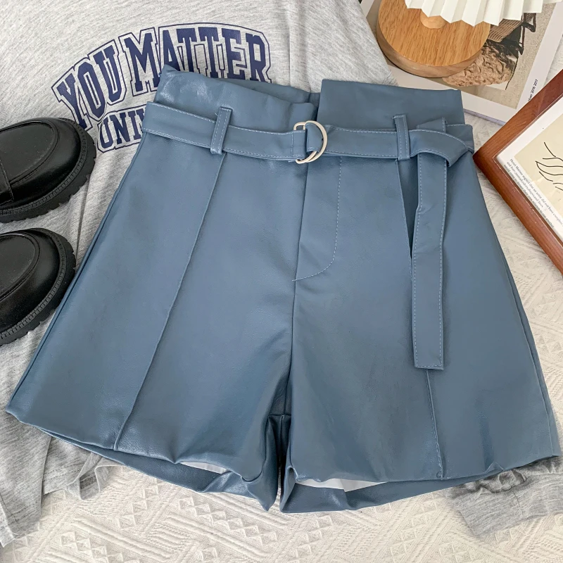 

2021 autumn and winter new fashion wild pu leather irregular high waist thin wide leg pants leather pants casual pants shorts