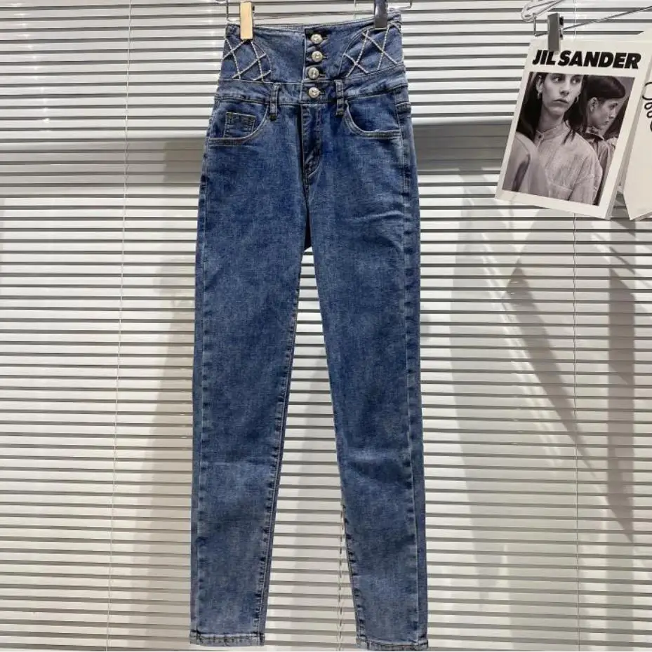 

Rhinestone shiny high waist jeans women high waist temperament ladies skninny pencil jeans