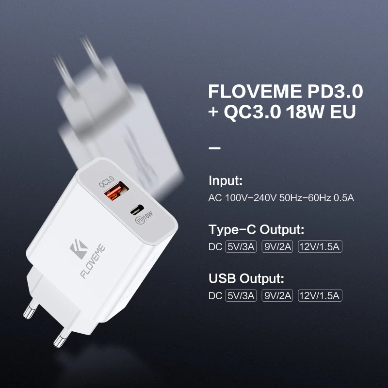 Сетевое зарядное устройство FLOVEME USB Type A/Type C 18 Вт|Зарядные устройства для