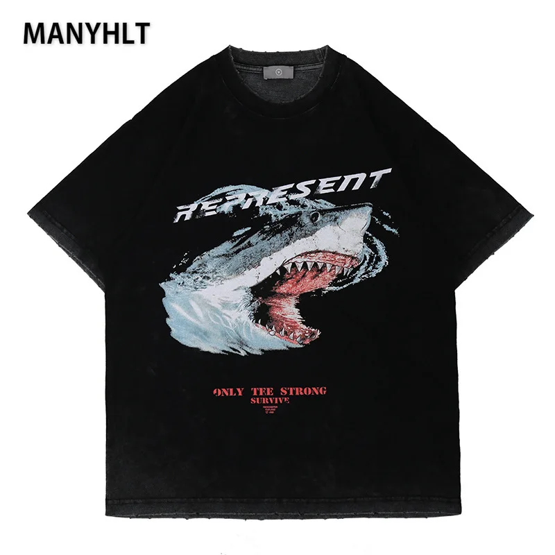 

Spring and Summer New Men's European and American Style Shark Print Casual Loose Men's Short-sleeved Manga T-shirt 2021 Models