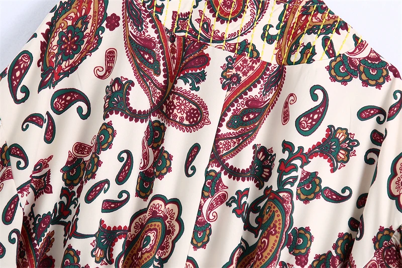 

Splend Moda 2021 Summer New Vintage Paisley Pattern Print V-Neck Cotton Lantern Sleeves Slim Lace-Up Mini Dress For Women