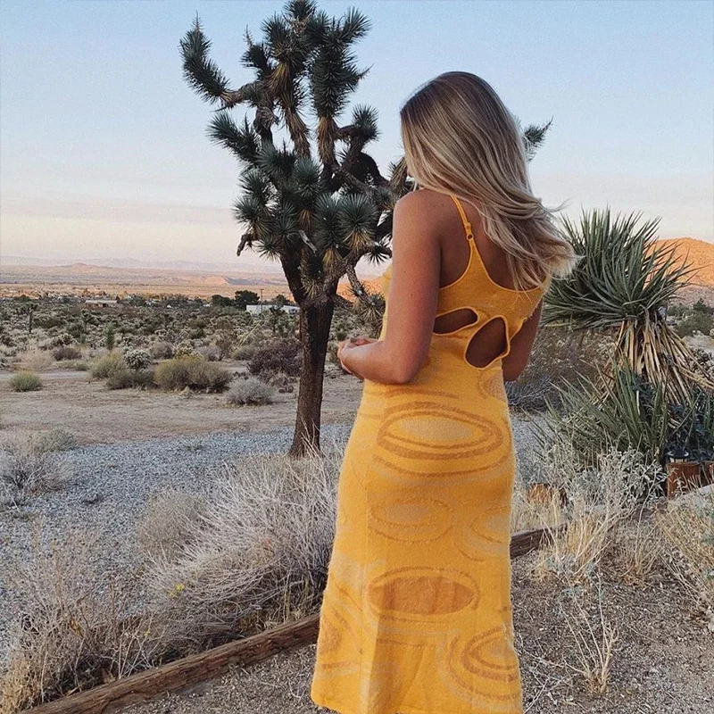 

2021 Print Knit Bodycon Dress Women Y2K Summer Hollow Out Sexy Sleeveless Dress Spaghetti Strap Beach Midi Dresses Party Dress