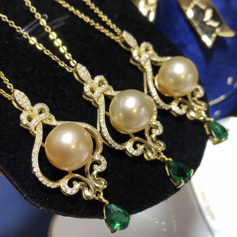 

D317 Fine Jewelry 925 Sterling Silver Natural 10-11mm Ocean Sea Golden Pearl Pendants Necklaces for Women FIne Pearls Pendants