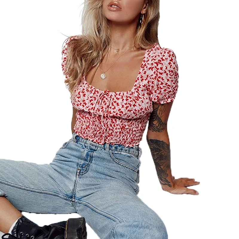 Женская летняя одежда с цветочным принтом милые рубашки коротким рукавом модная