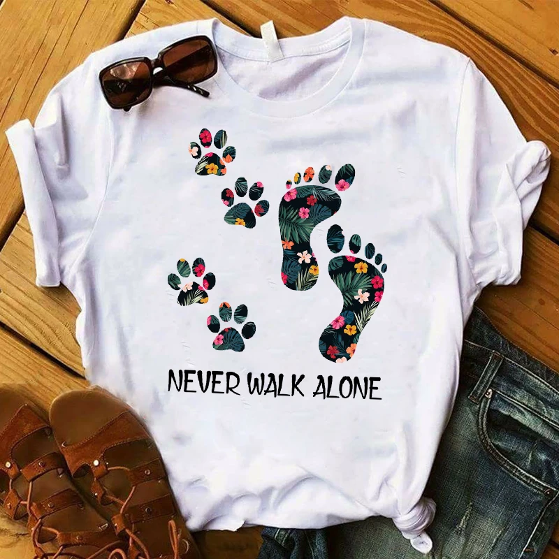 

Women Trend T Graphic Flower Never Walk Alone Dog Paw Fashion Printed Top Tshirt Female Tee Shirt Ladies Clothes T-shirt