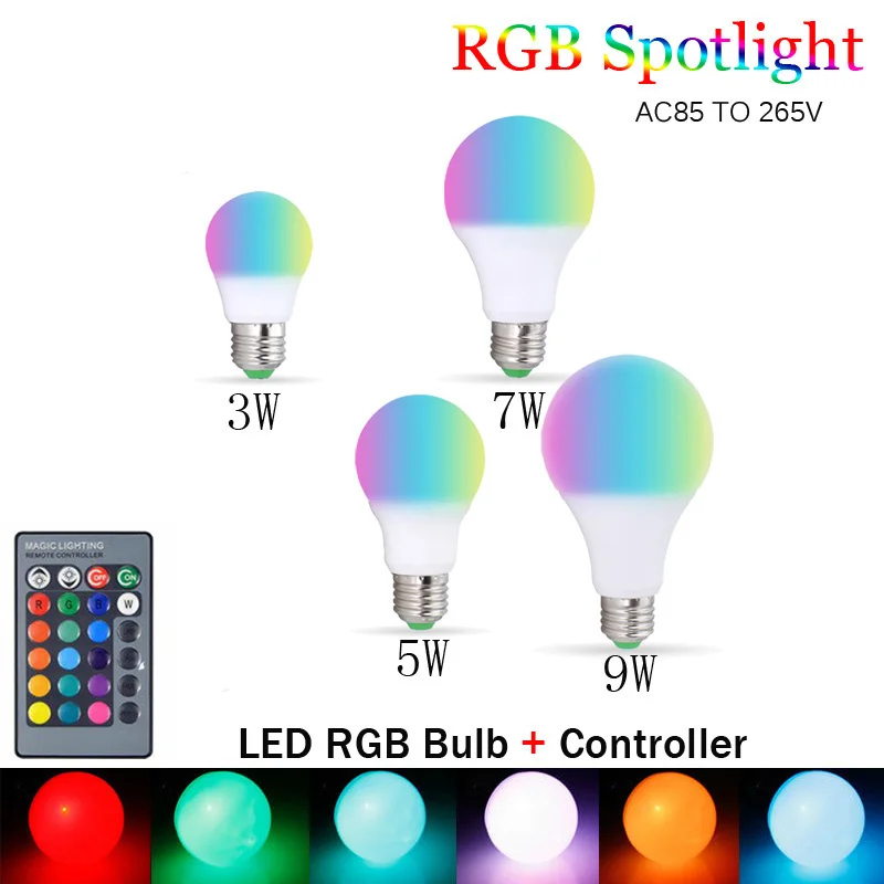 E27 Светодиодный лампочки 3 Вт 5 7 9 RGB 16 Цвет светодиодный светильник AC85 265V Сменные