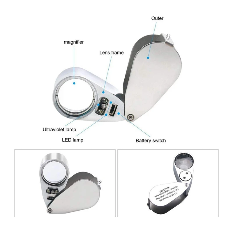 Металлический светильник ing Jewelry 40X складной nifying Glass с Светодиодный УФ