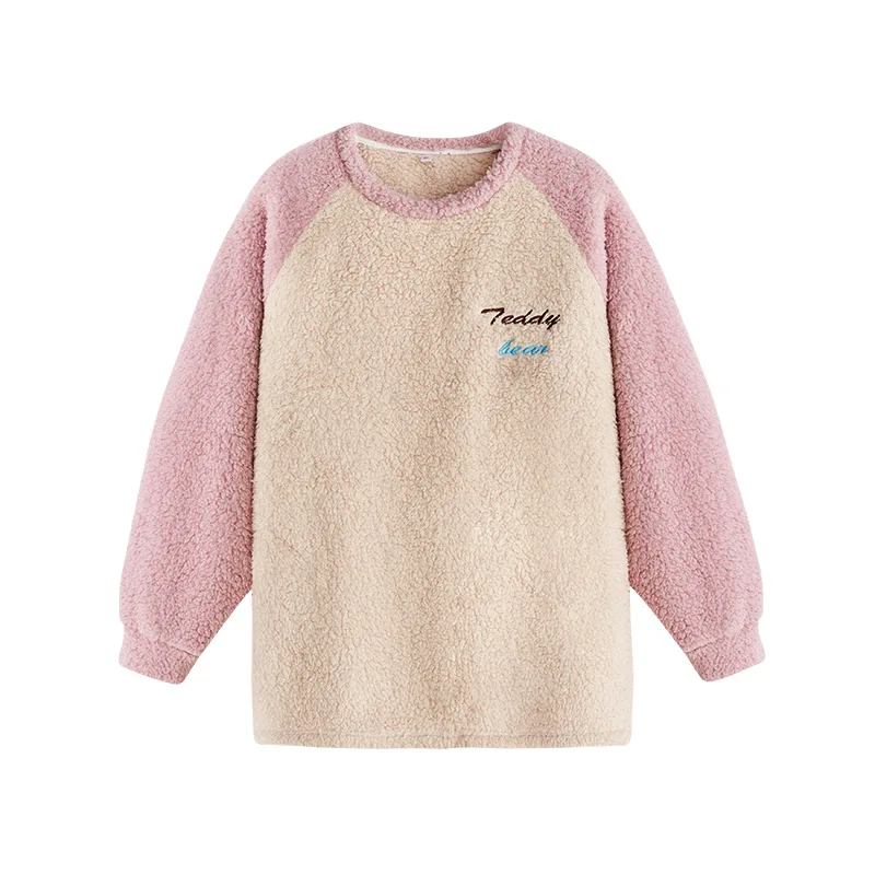 Home Clothes for Women Plush Pajamas Woman Winter 2 Piece Pajama Set Women Pink Round Neck Letter Printed Sleeping Wear Set