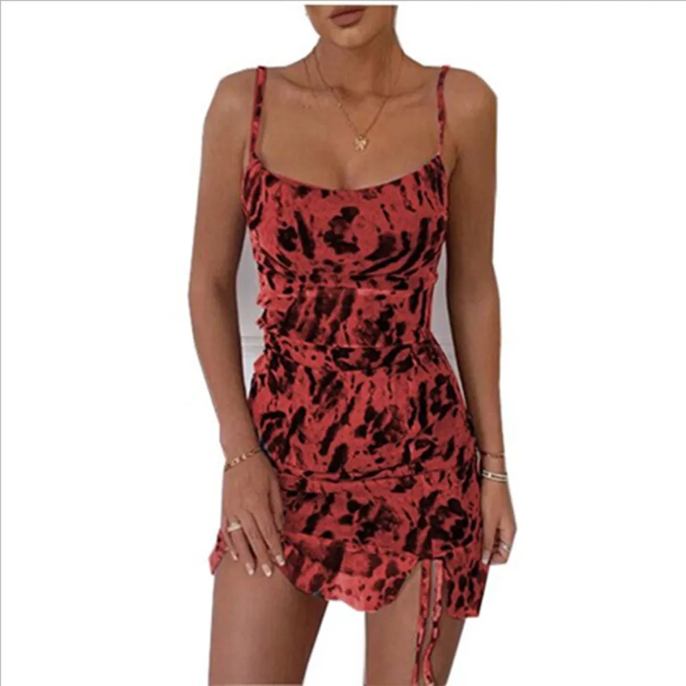 

Dresses For Women 2021 Women Spaghetti Strap Animal Print Ruched Cami Dress Bodycon Sexy Party Dresses For Women Casual