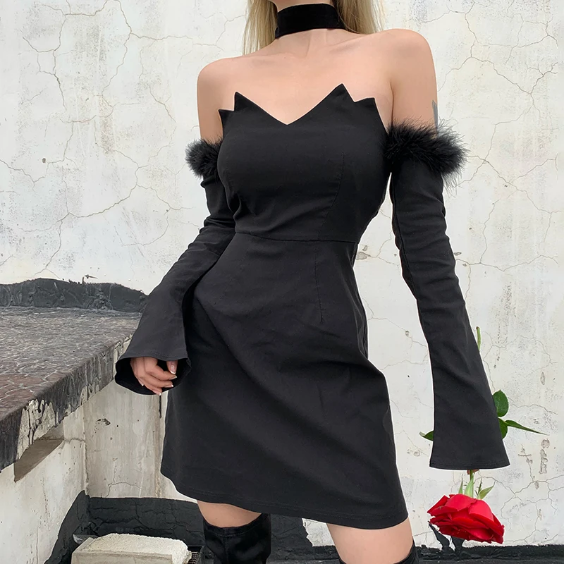 Готическое черное сексуальное Для женщин Слэш шеи перо с длинным рукавом