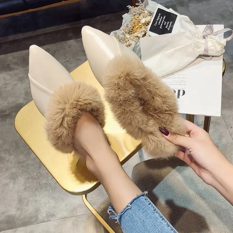 

Pointed hairy shoes female spring and autumn 2021 new Korean fashion outer wear Baotou half slippers rabbit hair Muller low heel