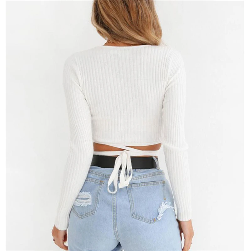 

New Fashion Autumn Winter Womens Knitted Sweater Long Sleeve short Crop Top V neck Slim Casual cotton Knitwear Knitting Shirts