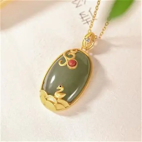 

Elegant Swan Women's Necklace Pendant Original Gilding Natural Hetian Jade National Style Chain Set Classic women jewelry