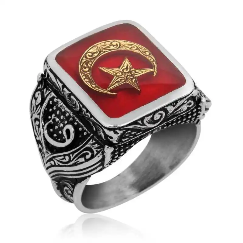 

Silverlina Silver Red Moon Star Men 'S Ring