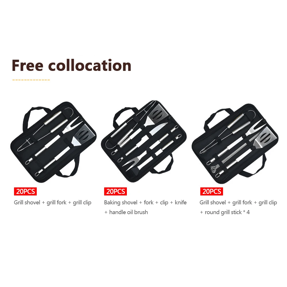 

Stainless Steel BBQ Tools Set spatula fork tongs knife brush skewers Barbecue Grilling Utensil Camping Outdoor Cooking Tool Set