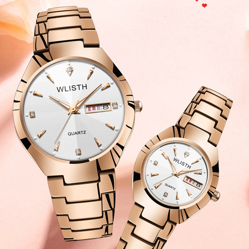 

WLISTH New Lovers Watches Quartz Wrist Watch for Men and Women Calendar Week Steel Saat Reloj Mujer Hombre Couples Wristwatch