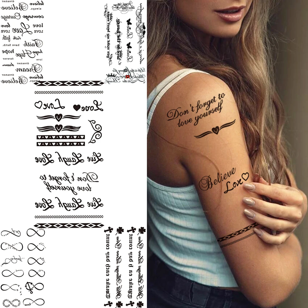 

Minimalist Letters Temporary Tattoos For Kids Women Small Words Tattoo Sticker Black Endless Chains Fake Tatoos Finger Clavicle