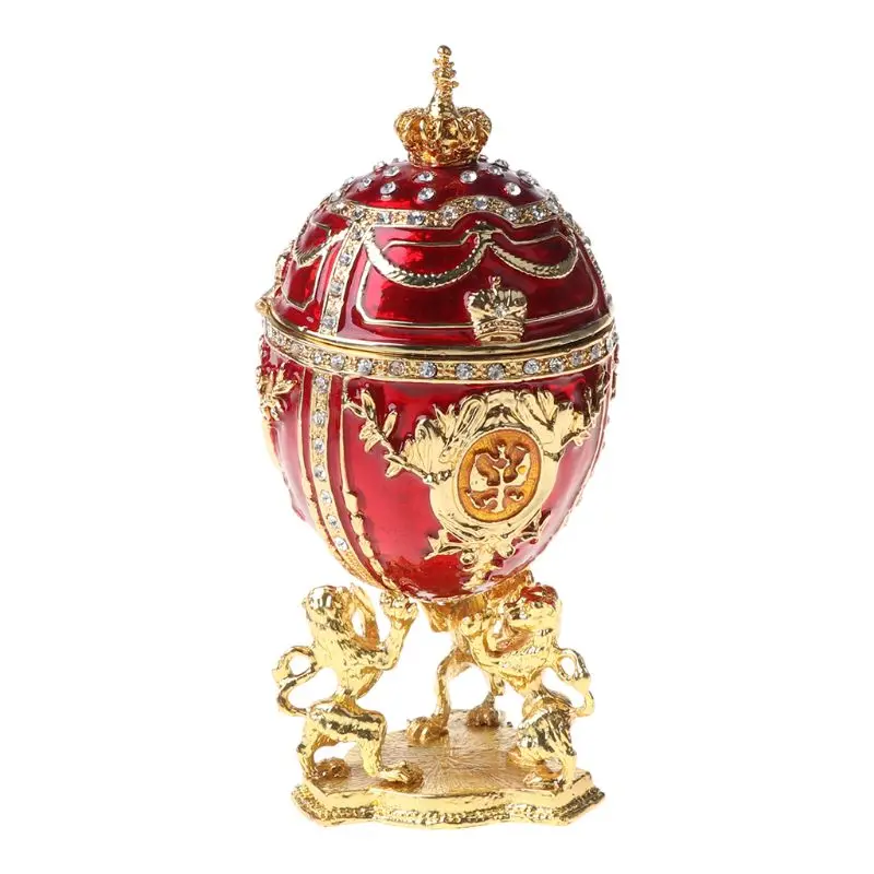 

Red Gold Crown Faberge-Egg Series Hand Painted Jewelry Trinket Box with Rich Enamel and Sparkling Rhinestones Unique Gift Home