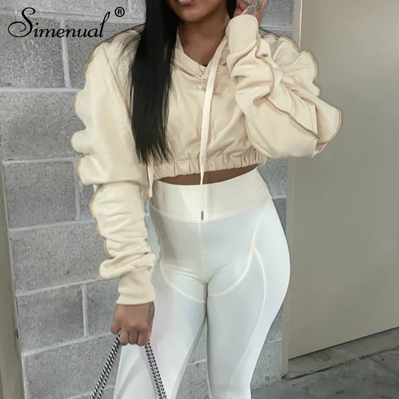 

Simenual укороченная толстовка женская однотонная с флисовой подкладкой, повседневный свитшот с длинным рукавом, уличная одежда, спортивная од...